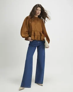 Brown Long Sleeve Lace Detail Smock Top