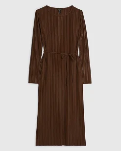 Brown Long Sleeve Plisse Belted Midi Dress