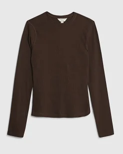 Brown Long Sleeve Ribbed Crew Neck Top