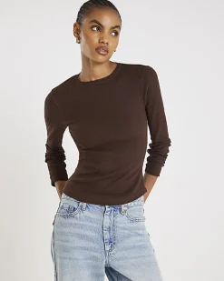 Brown Long Sleeve Ribbed Crew Neck Top