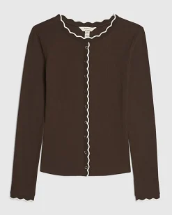 Brown Long Sleeve Scallop Trim Button Top