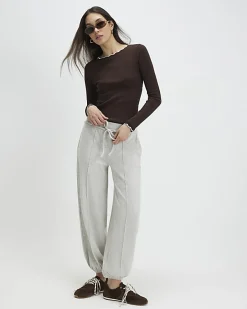 Brown Long Sleeve Scallop Trim Top