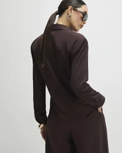 Brown Long Sleeve Shoulder Padded Shirt