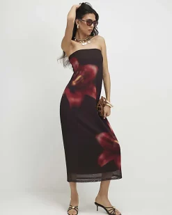 Brown Mesh Floral Bandeau Midi Dress