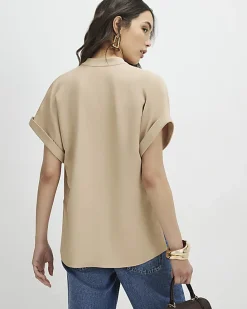 Brown Notch Neck Woven T-Shirt