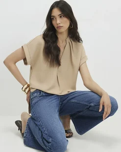 Brown Notch Neck Woven T-Shirt