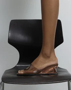 Brown Perspex Mule Wedge Sandals