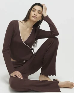 Brown Pointelle Wrap Front Loungewear Set
