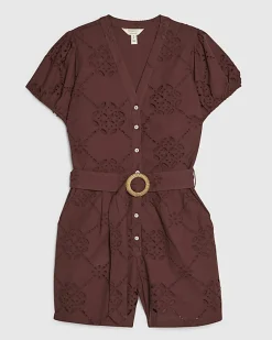 Brown Poplin Broderie Cutwork Playsuit