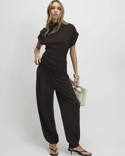 Brown Premium Short Sleeve Gathered Side Top