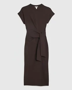 Brown Premium Short Sleeve Knot Midi Dress