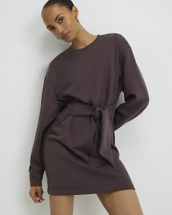 Brown Premium Tie Front Mini Sweatshirt Dress