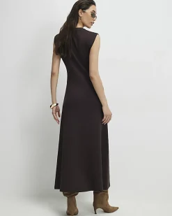 Brown Premium Twist Front Midi Dress