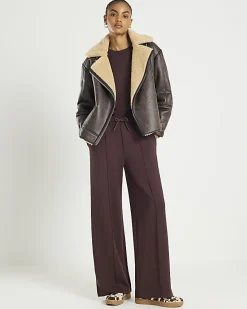 Brown Premium Wide Leg Pintuck Joggers