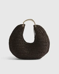 Brown Raffia Metal Handle Scoop Bag