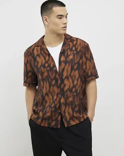 Brown Regular Fit Animal Print Revere Shirt