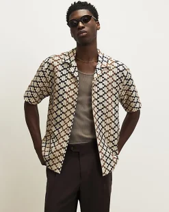 Brown Regular Fit Geometric Crochet Shirt