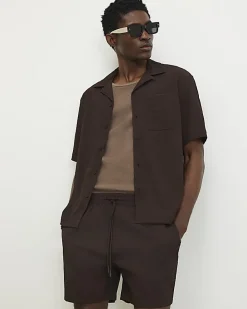 Brown Regular Fit Textured Shirt & Short Set