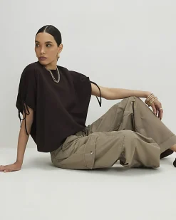 Brown Ruched Sleeve T-Shirt