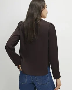 Brown Satin Long Sleeve Pleat Front Blouse