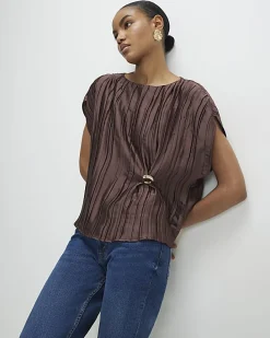 Brown Satin Plisse Gold Detail Top