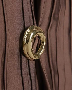 Brown Satin Plisse Gold Detail Top