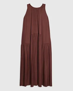 Brown Satin Sleeveless Halter Neck Midi Dress