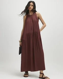 Brown Satin Sleeveless Halter Neck Midi Dress