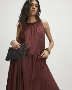 Brown Satin Sleeveless Halter Neck Midi Dress