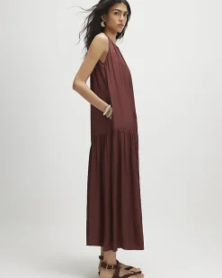 Brown Satin Sleeveless Halter Neck Midi Dress