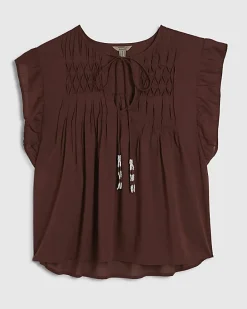 Brown Shirred Tie Neck Top