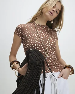 Brown Short Sleeve Animal Print Top