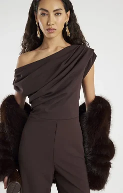 Brown Short Sleeve Asymmetric Drape Jumpsuit