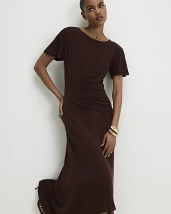 Brown Short Sleeve Cinched Waist Midi Dress