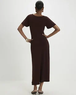 Brown Short Sleeve Cinched Waist Midi Dress