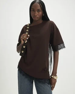 Brown Short Sleeve Lace Trim Asymmetric Top