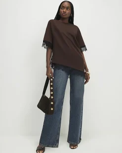 Brown Short Sleeve Lace Trim Asymmetric Top