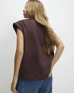 Brown Short Sleeve Pleat Shoulder T-shirt