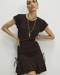 Brown Short Sleeve Ruched Mini Dress