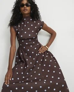 Brown Short Sleeve Spotted Godet Maxi Dress