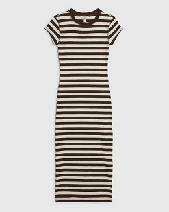 Brown Short Sleeve Striped Ribbed Midi Dress