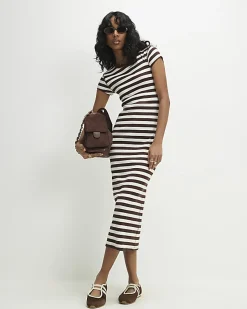 Brown Short Sleeve Striped Ribbed Midi Dress