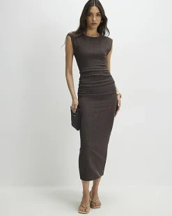 Brown Short Sleeve Textured Ruched Midi Dress