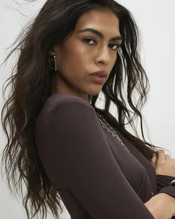 Brown Shoulder Padded Longline Asymmetric Top