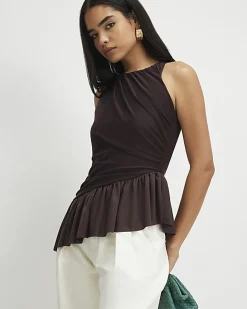 Brown Sleeveless Bubble Hem Top