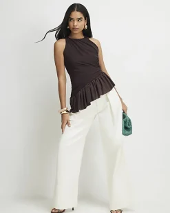 Brown Sleeveless Bubble Hem Top