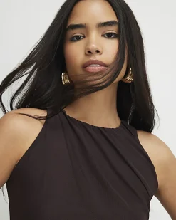 Brown Sleeveless Bubble Hem Top