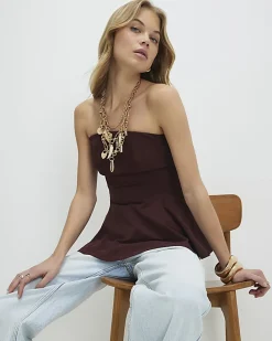 Brown Sleeveless Peplum Bandeau Top