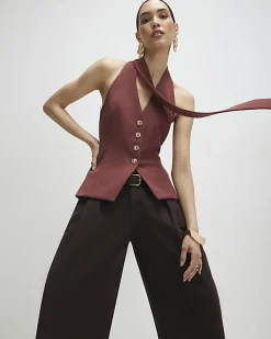 Brown Sleeveless Scarf Neck Waistcoat