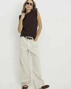 Brown Sleeveless Shoulder Pad Tank Top